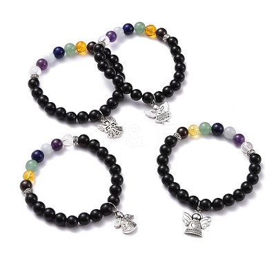 Natural Obsidian & Mixed Stone Round Beads Stretch Bracelet BJEW-JB07060-1