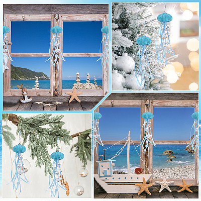 3Pcs Natural Shell Sea Urchin Jellyfish Hanging Ornaments with Crystal and Ribbon HJEW-WH20019-04-1