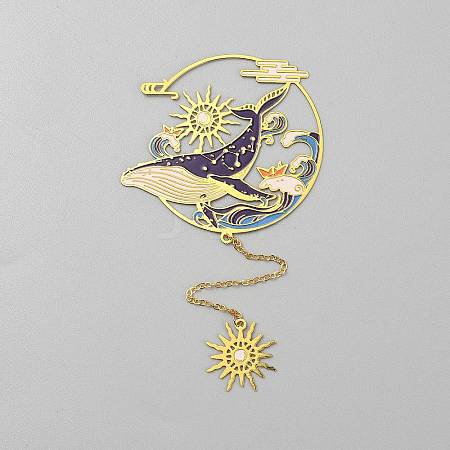 Chinese Style Brass Whale Sun Charms Bookmarks with Chain AJEW-Z042-01G-1