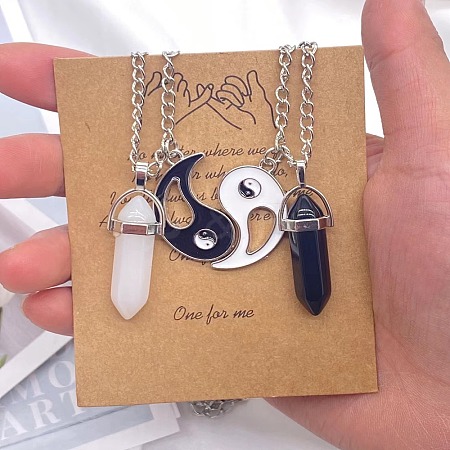 2Pcs Glass Double Faceted Pointed Bullet Pendant Couple Necklaces with Yin-Yang Charms FS-WG058EE-08-1