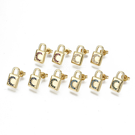 Brass Micro Pave Cubic Zirconia Padlock Stud Earrings EJEW-N011-27-NF-1