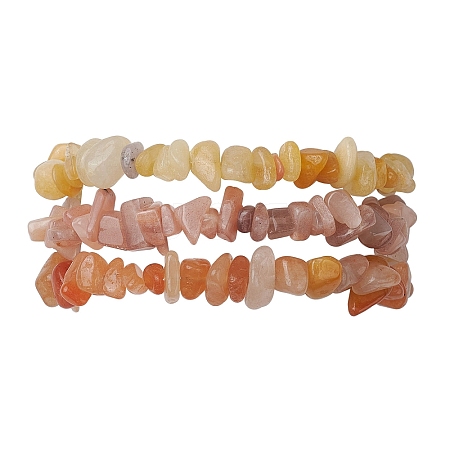 3Pcs Natural Red Aventurine & Natural Sunstone & Natural Topaz Jade Chip Beaded Stretch Bracelet Sets BJEW-JB10867-1