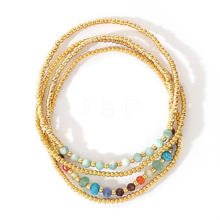 4Pcs Luxury Natural Amazonite Round Beads & Moonstone & Lapis Lazuli & Malaysia Jade & Glass & Cubic Zirconia & Purple  Garnet & Red Garnet & Glass Seed Beads Stretch Bracelet Set for Women AP3962-2-1