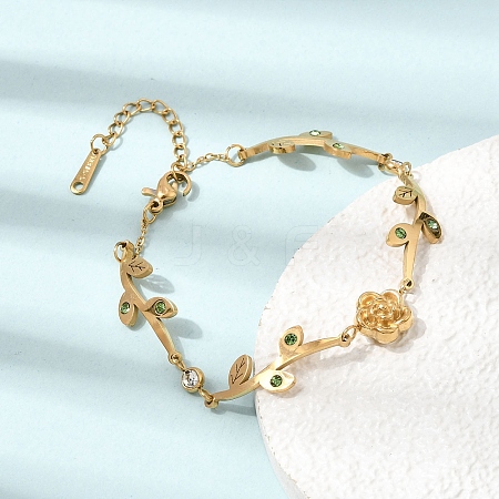 304 Stainless Steel Crystal and Peridot Rhinestone Flower Leaf Link Chain Bracelets SA-CBA7A0F-09G-1