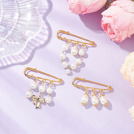 3Pcs 3 Styles Iron Glass Pearl Beads Kilt Pins Brooch JEWB-BR00188-1