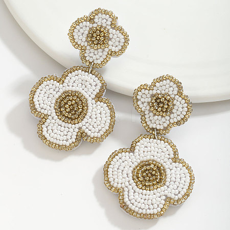 Flower Seed Beads & Cloth Dangle Stud Earrings FS-WGC791C-03-1