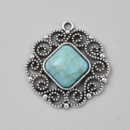 Tibetan Style Alloy Pave Synthetic Turquoise Pendants PALLOY-CJC0025-01AS-F-1