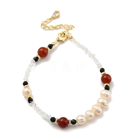 Round Natural Carnelian & Quartz Crystal Chip Beaded Bracelets BJEW-M315-04G-1