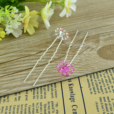 Lady's Hair Accessories Silver Color Plated Iron Rhinestone Flower Hair Forks PHAR-S185-09-1