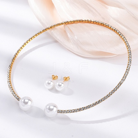 Round Plastic Imitation Pearl Stud Earrings & Rhinestone Cuff Choker Necklaces Sets SJEW-U003-04G-1