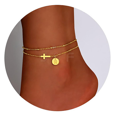 Brass Sideways Cross Link Anklets with Flat Round Initial Charms FS-WG12DAA-15-1