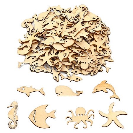 100Pcs Sea Theme Wood Canochons WOOD-CJ0001-61-1