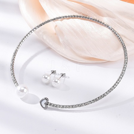 Round Plastic Imitation Pearl Stud Earrings & Rhinestone Cuff Choker Necklaces Sets SJEW-U003-11P-1