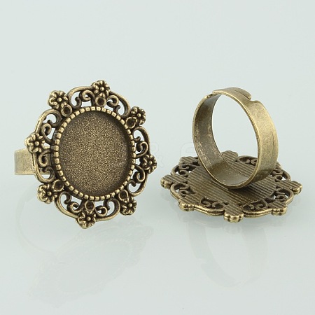 Vintage Adjustable Iron Finger Ring Components Alloy Flower Cabochon Bezel Settings PALLOY-O039-16AB-NF-1