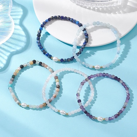 Natural Mixed Gemstone Cube Beads Stretch Bracelets for Women BJEW-JB13179-1
