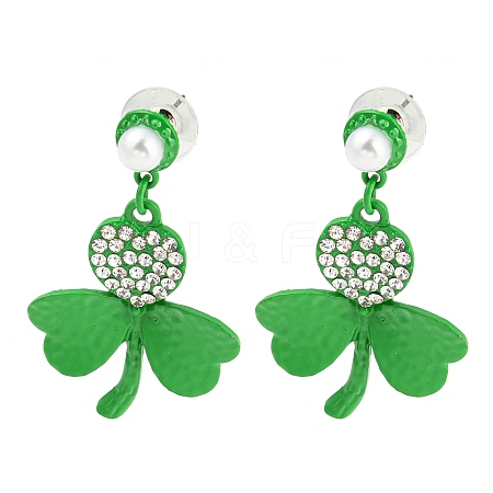 Saint Patrick's Day Zinc Alloy Clover Dangle Stud Earrings with Rhinestones EJEW-Q784-03P-01-1