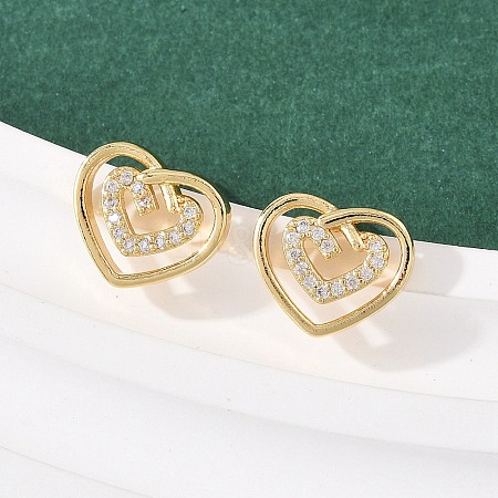 Brass Micro Pave Clear Cubic Zirconia Heart Stud Earrings EJEW-F400-28A-G-1
