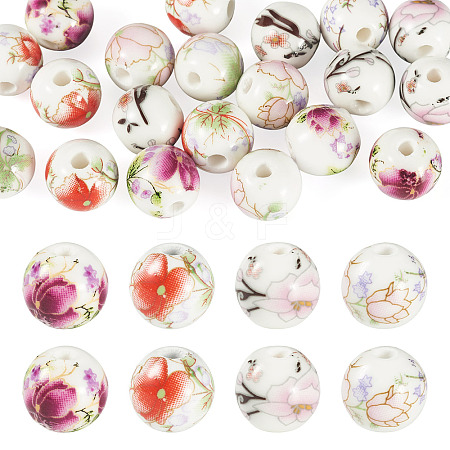24Pcs 4 Colors Handmade Flower Printed Porcelain Ceramic Beads PORC-TADJ0001-07-1