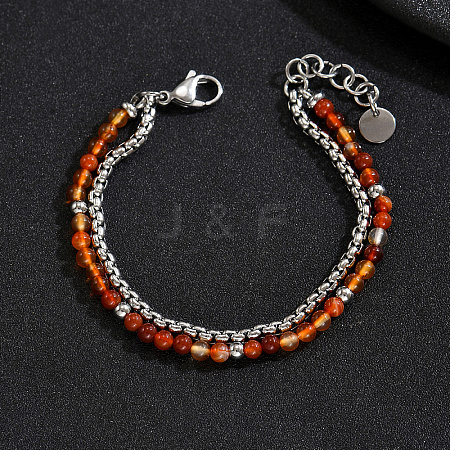 Natural Carnelian Round Beaded 2-Strand Bracelets with 201 Stainless Steel Box Chains for Men Women EI8345-2-1