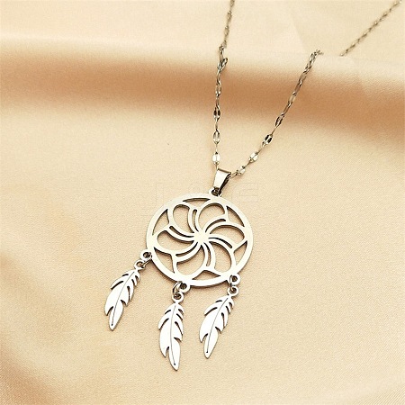 Woven Net/Web with Feather 304 Stainless Steel Pendant Necklaces for Women NJEW-G087-03P-1