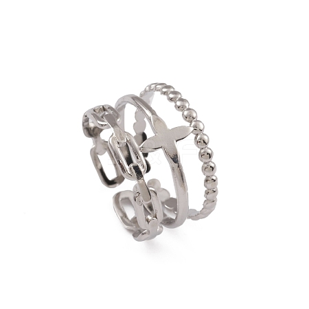 Non-Tarnish 304 Stainless Steel Tripel Line with Cross Open Cuff Rings for Women RJEW-G285-08P-1