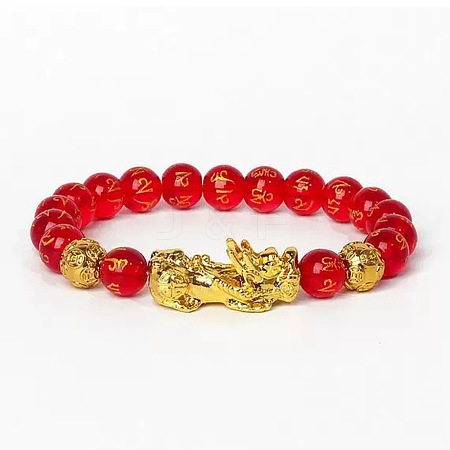 Golden Plated Alloy Pi Xiu 8MM Natural Carnelian(Dyed & Heated) Six Word Mantra Round Beaded Stretch Bracelet for Men QJ0349-8-1