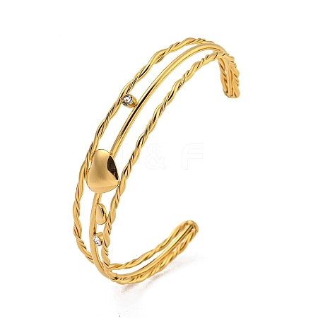 304 Stainless Steel Pave Clear Cubic Zirconia 3-Line Heart Open Cuff Bangles for Women LS-BJEW-E100-04G-1