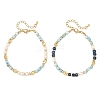 2Pcs 2 Styles Natural Lapis Lazuli and Larimar Faceted Cube Beaded Bracelet Sets with Natural Pearl for Women BJEW-JB14475-2