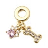 Brass Pave Clear and Pink Cubic Zirconia European Dangle Charms KK-Z150-03G-02-1