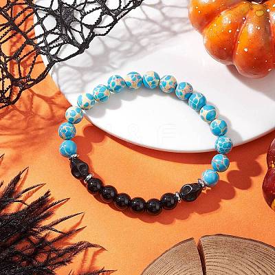 Synthetic Imperial Jasper & Turquoise & Painted Glass Beaded Stretch Bracelet for Women Men BJEW-JB12500-01-1