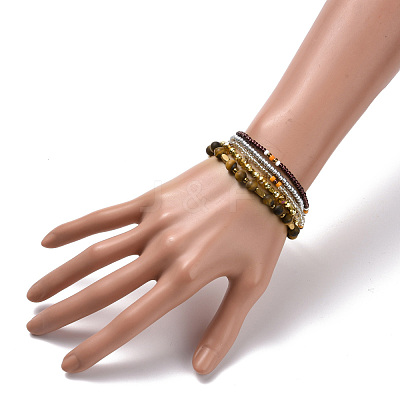 5Pcs 5 Style Natural Frosted Tiger Eye & Synthetic Hematite & Glass Sead Beads Stretch Bracelets Set BJEW-JB07670-01-1