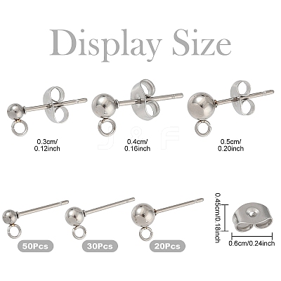 100Pcs 3 Styles Original Color 304 Stainless Steel Ball Post Stud Earring Findings STAS-YW0003-06-1