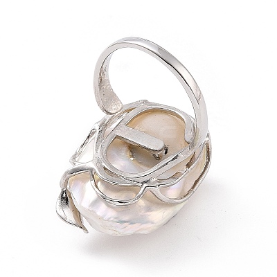 Natural Pearl Nugget with Cubic Zirconia Leaf Open Cuff Ring RJEW-P033-02P-02A-1