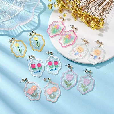 6 Pair 6 Style Acrylic Flower Dangle Stud Earrings EJEW-JE05471-1
