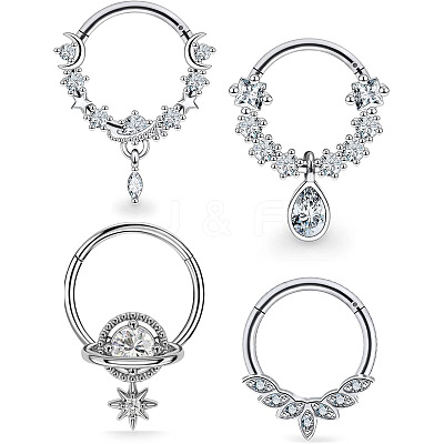 4Pcs 4 Styles 316L Surgical Stainless Steel Clear Cubic Zirconia Nose Rings WG79525-01-1
