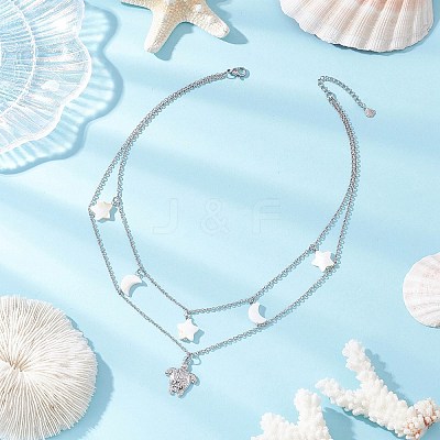 304 Stainless Steel Sea Turtle & Natural Freshwater Shell Star Pendant Double Layer Necklaces for Women NJEW-JN05403-1