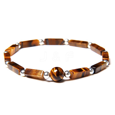 Natural Tiger Eye Round Ball & Rectagnle Beaded Stretch Bracelet WG92908-01-1