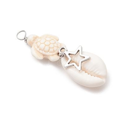 5Pcs 5 Styles Natural Cowrie Shell & Dyed Synthetic Turquoise Turtle Copper Wire Wrapped Pendants PALLOY-JF04034-03-1