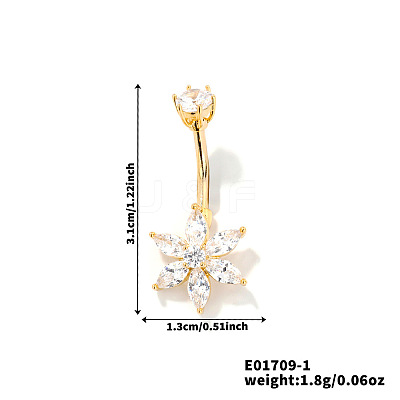 Brass Clear Cubic Zirconia Shiny Flower Curved Barbell Belly Button Rings for Daily Wear HB2528-1-1