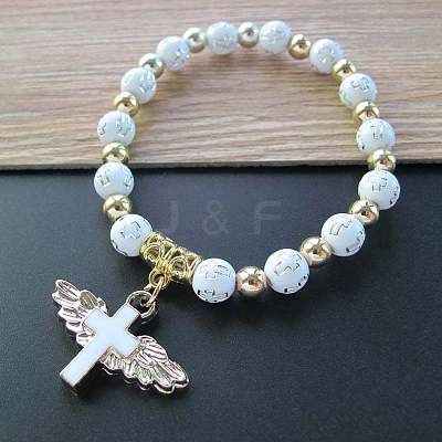 Acrylic Round with Cross Beaded Stretch Bracelets with Cross Charms PW-WG40295-03-1