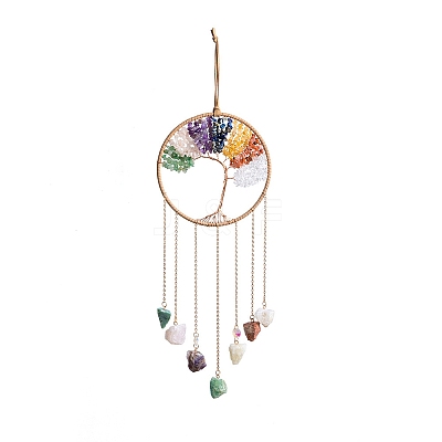 7 Chakra Copper Wire Wrapped Natural Mixed Stone Chips Tree of Life Suncatchers HJEW-F027-08-1