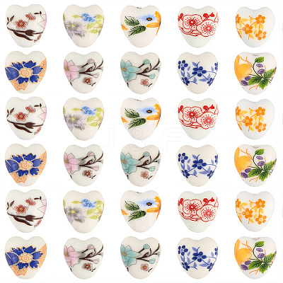 60Pcs 10 Colors Floral Printed Porcelain Beads PORC-PA0001-02-1