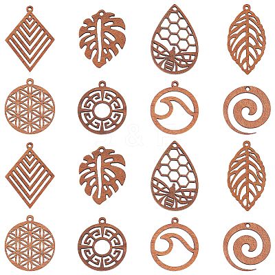 16Pcs 8 Styles Natural Walnut Wood Pendants WOOD-HY0001-04-1
