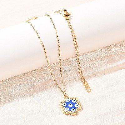 304 Stainless Steel Enamel Blue Evil Eye Flower Pendant Necklaces for Women NJEW-A064-02G-1