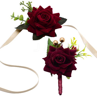 2Pcs 2 Style Rose Flower Silk Wrist and Flower Silk Brooch Sets AJEW-CP0004-58-1