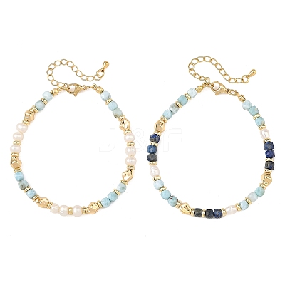 2Pcs 2 Styles Natural Lapis Lazuli and Larimar Faceted Cube Beaded Bracelet Sets with Natural Pearl for Women BJEW-JB14475-1