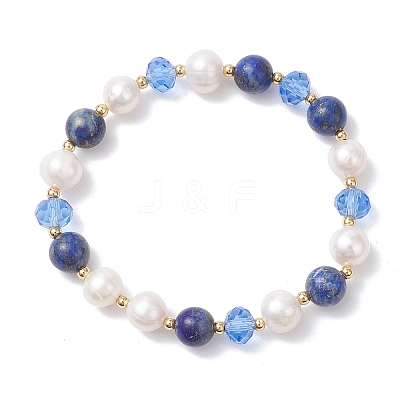 Natural Lapis Lazuli & Cultured Freshwater Pearl Beads Stretch Bracelets BJEW-JB12856-01-1