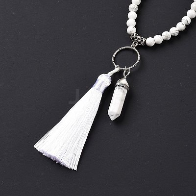 Natural Howlite Bullet & Tassel Pendant Necklace with Mixed Gemstone Beaded Chains NJEW-E585-02H-1