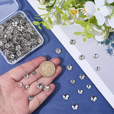450Pcs 9 Styles Tibetan Style Alloy Bead Caps FIND-BM0001-31-1