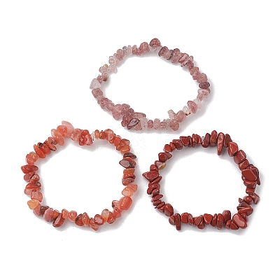3Pcs Natural Rhodonite & Natural Red Jasper & Natural Strawberry Quartz Chip Beaded Stretch Bracelet Sets BJEW-JB10866-1